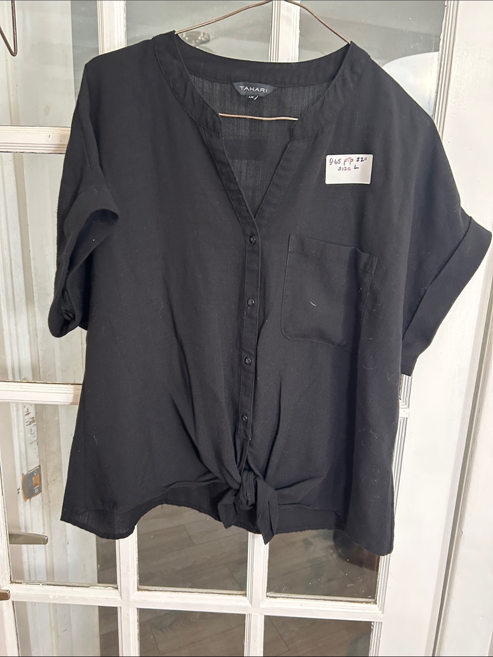 O65.    Tahari Black Button-Front Tie-Waist Short Sleeve Blouse